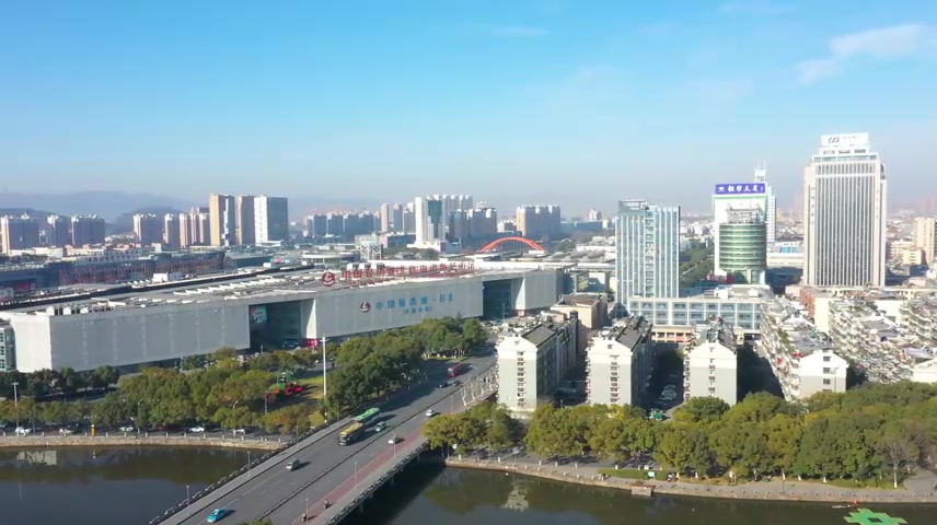 航拍绍兴柯桥中国轻纺城轻纺大厦