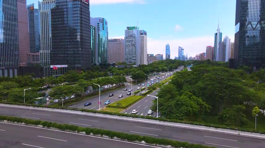 高清航拍深南大道福田段城市建筑群交通车流风光