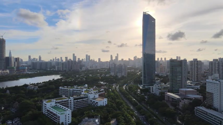 高清航拍深圳城市傍晚余晖夕阳晚霞