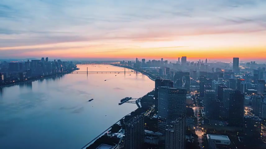 杭州钱塘江延时日出航拍.