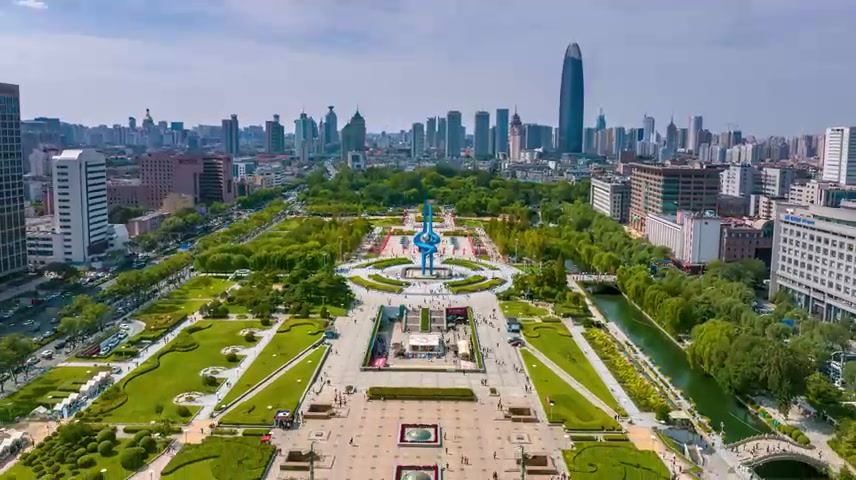 济南泉城广场泉标喷泉夜景航拍延时.