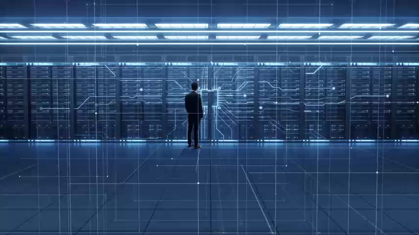 科技数据中心机房人物虚拟现实镜头.