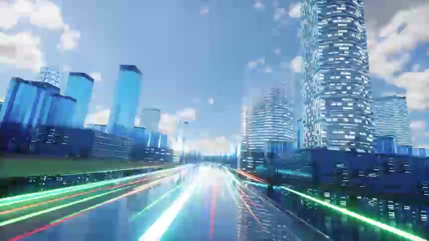 科技城市穿梭数字化三维全息投影建筑生长.