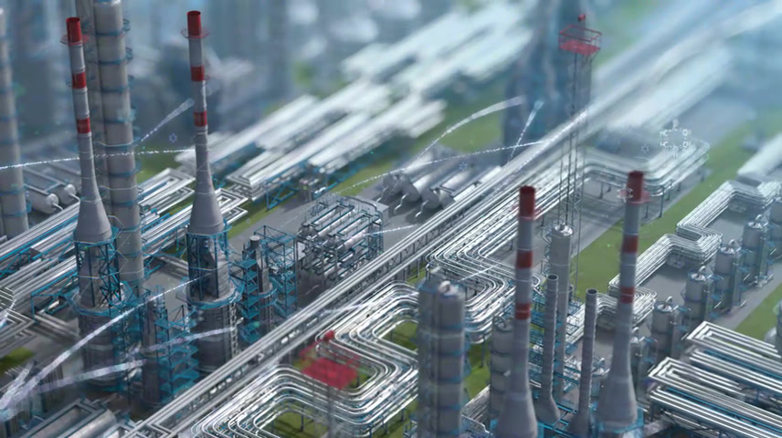 油气精炼厂工厂具有化学配方设计，清晰的等距视图，散焦射击，工业石油区，钢管和储油罐空中无人机飞行.