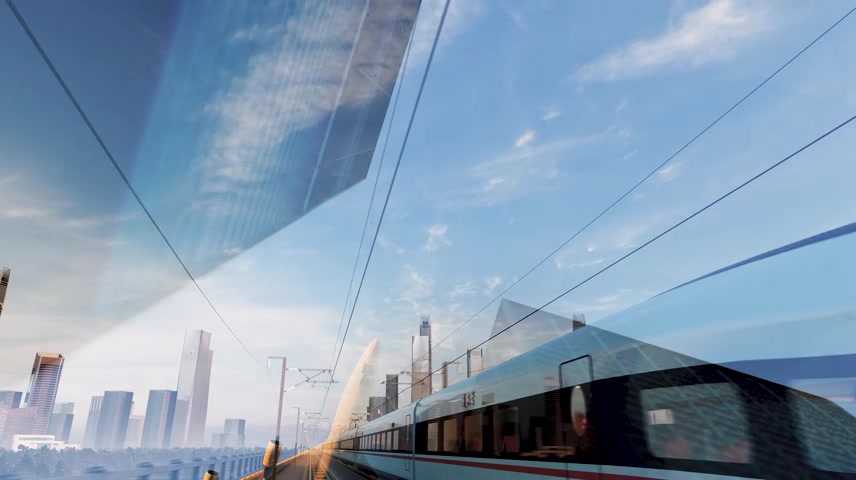 复兴号高速列车飞机现代城市交通日出