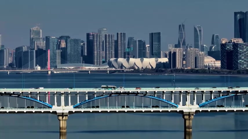 航拍杭州复兴大桥 奥体中心