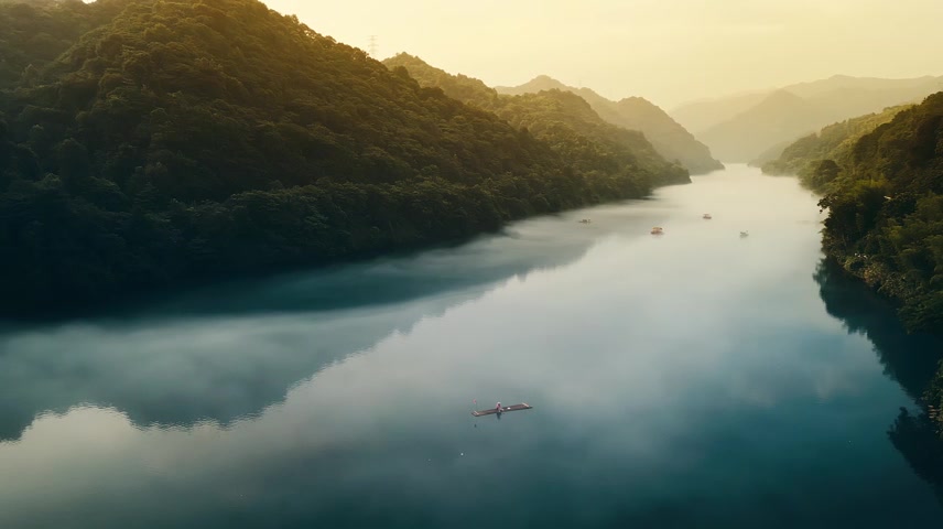 风光大片日出烟雾山水仙境渔民撒网